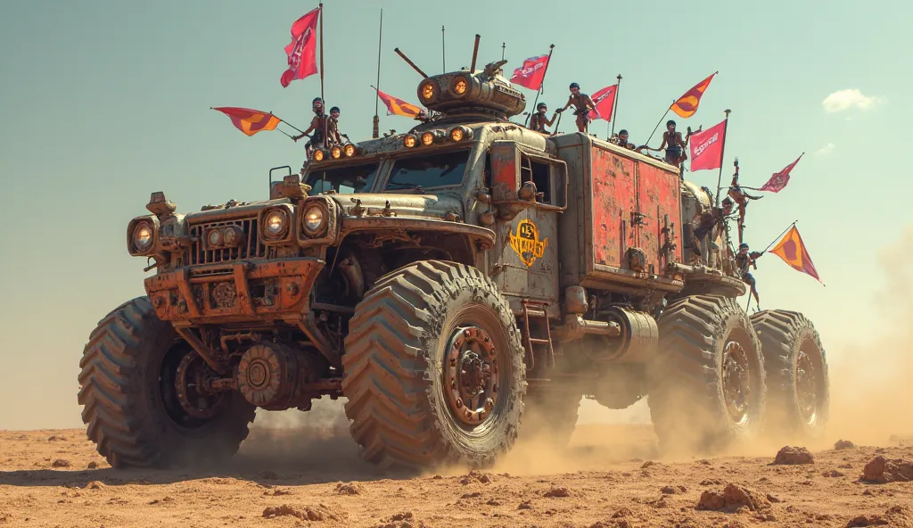 Masterpiece of maximum quality, 4k resolution, (best quality, 4k, 8k, high resolution, masterpiece: 1.2), extremely detailed, (realistic, hyperrealistic, hyperrealistic: 1.37), HDR. A heavily armored, Mad Max-style war rig, covered in rusted steel plating,...