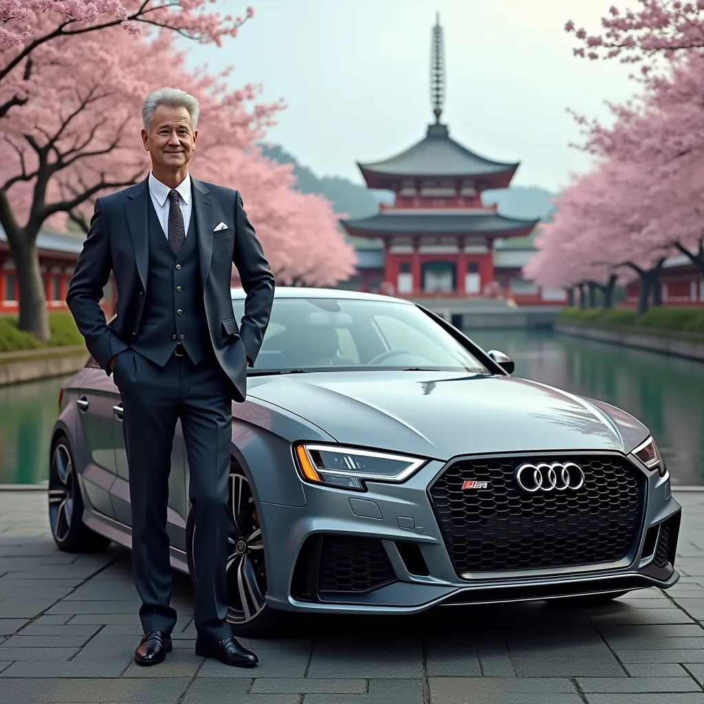 Homme en costard cravate âge a coter d'une AUDI RS3 gris métallique au devant d’une rivière avec un temples japonais et des cerisiers qui montre le luxe et la richesse