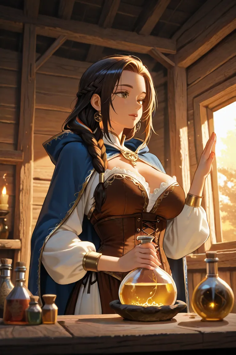 A master potion-maker, a busty, middle-aged woman of Mediterranean descent with warm brown skin and kind, knowing eyes, stands inside a rustic wooden cabin, deep within an enchanted forest. Shelves line the walls, overflowing with bubbling vials, dried her...