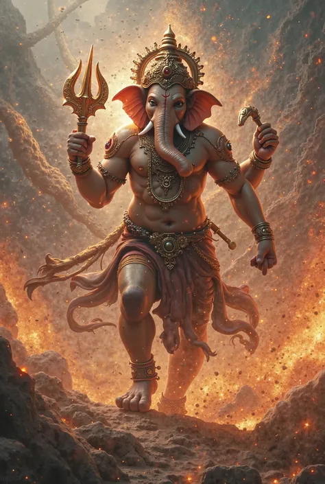 4.The Battle Between Ganesha and Gajmukhasur: An epic fight scene where Ganesha is using his weapons against the demon, who keeps changing forms. There are sparks flying, energy waves colliding, and the earth shaking. Ganesha remains calm but powerful, whi...