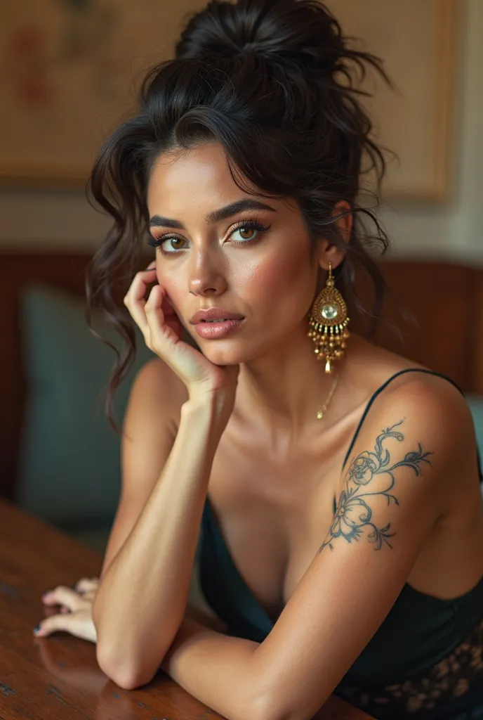 there is a woman sitting at a table with a cell phone, a picture inspired by Verónica Ruiz de Velasco, instagram, art nouveau, headshot profile picture, alanis guillen, taken in the early 2020s, looking serious, huge earrings and queer make up, headshot ph...