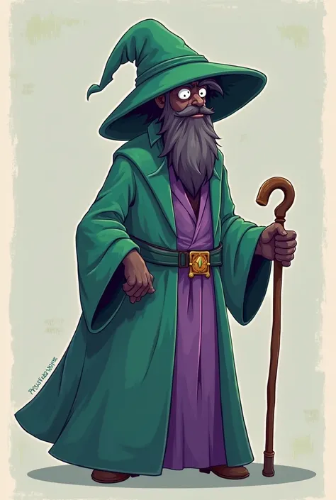 “Transform a character inspired by a Dota 2 wizard with a robe and cane, in a cartoon illustration style suitable for tufting.  simple silhouette ,  thick contours, bold and contrasting colors (deep green and purple). Simple background with few details and...