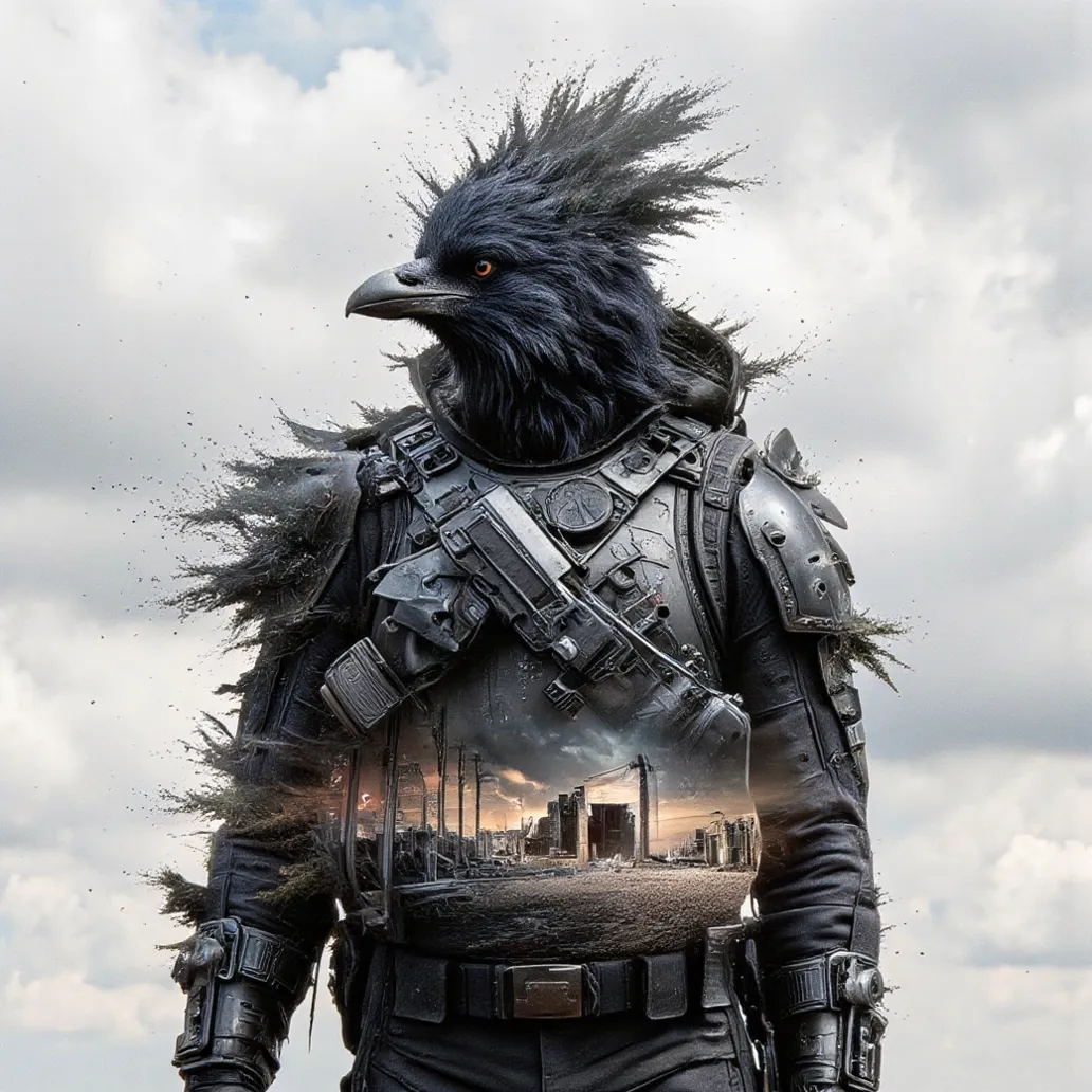 double exposure style,prospect: Anthropomorphic crow soldier donned in black modern combat armor. silhouette:ruined battlefield landscape, Dynamic Pose, Dynamic contrast ,Silhouette intensity strong, Double exposure, Floating Particle, High Resolution, Mas...