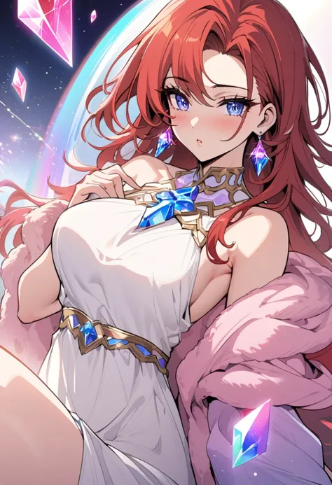 a beautiful adult woman, she wears a white dress mixed with a plain pink shawl, her hair is blue mixed with red hair, she has the constellation ability like colorful crystal. she wears pink and purple crystal earrings, Manhwa style.  