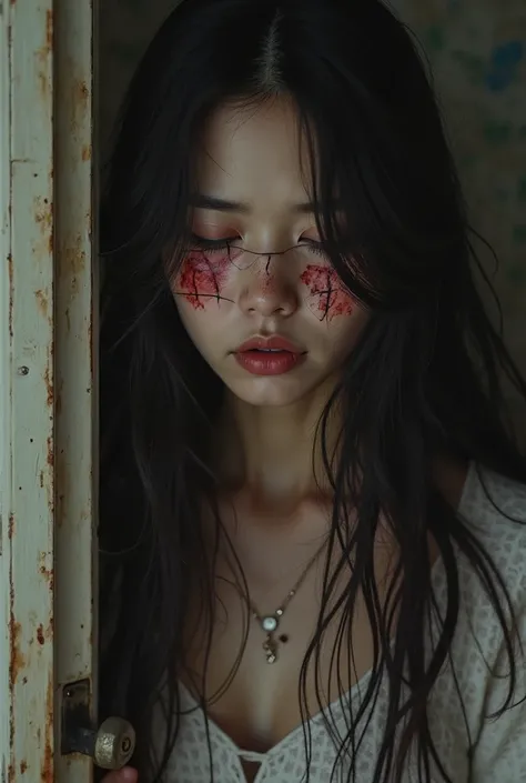 Image of a 25 year old woman, her hair is long like han so hee korean artist, is in the closet, her body is full of scratch wounds,  her face covered with blood. Her eyes were tightly closed with a black thread stitch on her eyelids.  realistic image .