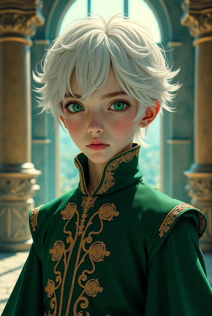 Medieval anime-style boy with green eyes white hair elegant costume with poisonous power