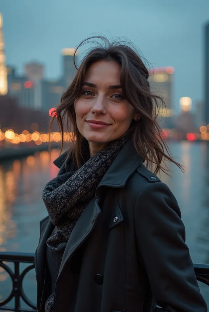 A young woman in a stylish coat and scarf stands on a bridge in an evening cityscape. Behind her, city lights and reflections in the water are visible. Her hair is slightly tousled by the wind, and she wears a confident smile. Style: urban, contrasting lig...