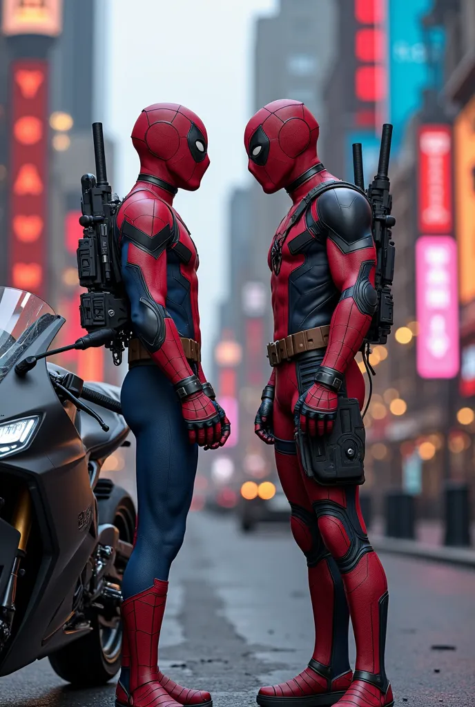 Spider-Man in standard clothing talking to Deadpool on a motorbike