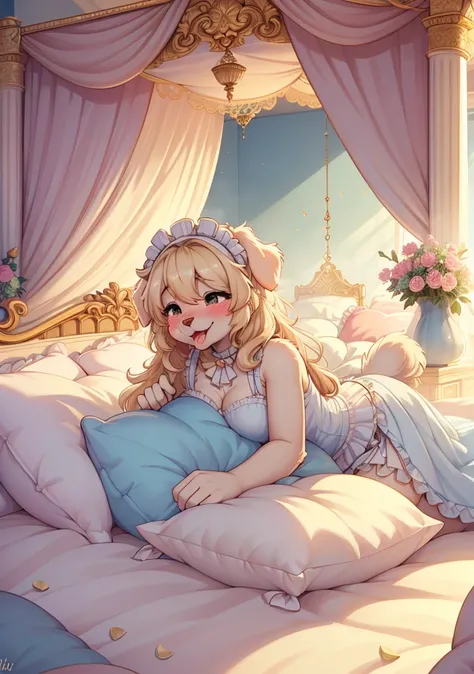 （ masterpiece，Best Quality），, {{masterpiece}}, {highres}, original, extremely detailed 8K wallpaper,，，nature,, (blush),A smile，,（Lots of Pillow），Soft cushion，（mosquito net bed ），，，，（A tail），（Around the protagonist），steam，（Pillow），（LuxuryPillow），，（，（ classi...