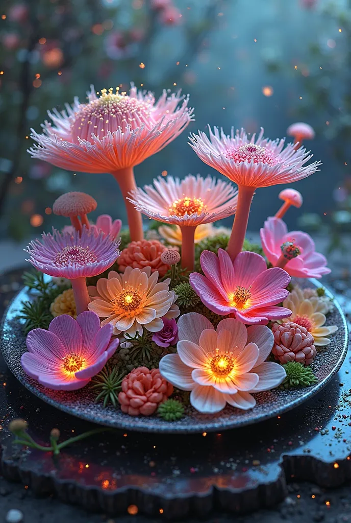 I need a food plate with surreal flowers where the typical dish was flowers with mushrooms, something like that.