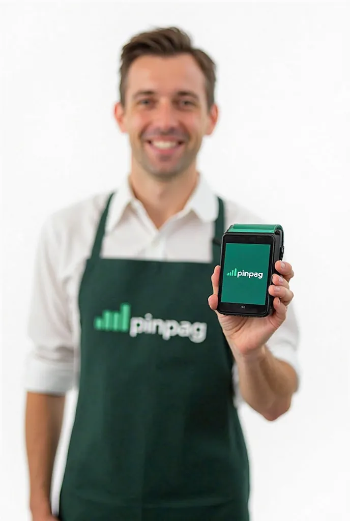 The image is a promotional-style photograph featuring a young man with light-skinned skin and short brown hair, smiling directly at the camera. He is wearing a dark green apron with the "Pinpag" logo printed in white on the front. The logo consists of a st...