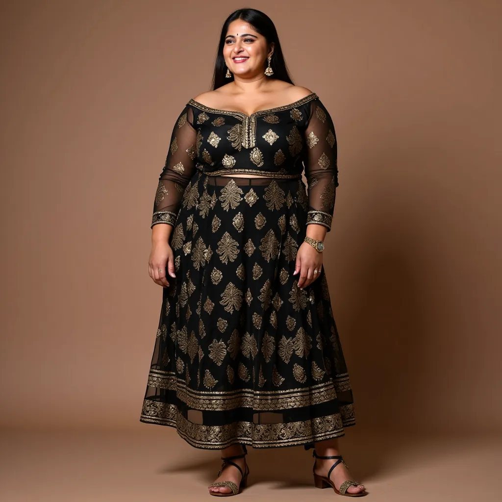 AnushkaShettyFlux portrait of beautiful Anushka  plus size tall and big giant women,  wearing a black and gold mix colour printed off shoulder transparent knee length kurti ,white-skin, white skin tone, beautiful face, pink lips, clean skin, celebrity face...