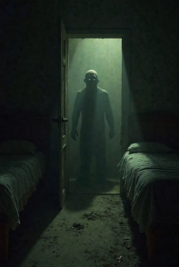 A spooky scene of an old, dark room, covered in dust and with old furniture covered by white sheets.  The environment is dark , illuminated only by a faint yellowish light coming from a crack in the half-open door. to the center of the image, a dark and de...