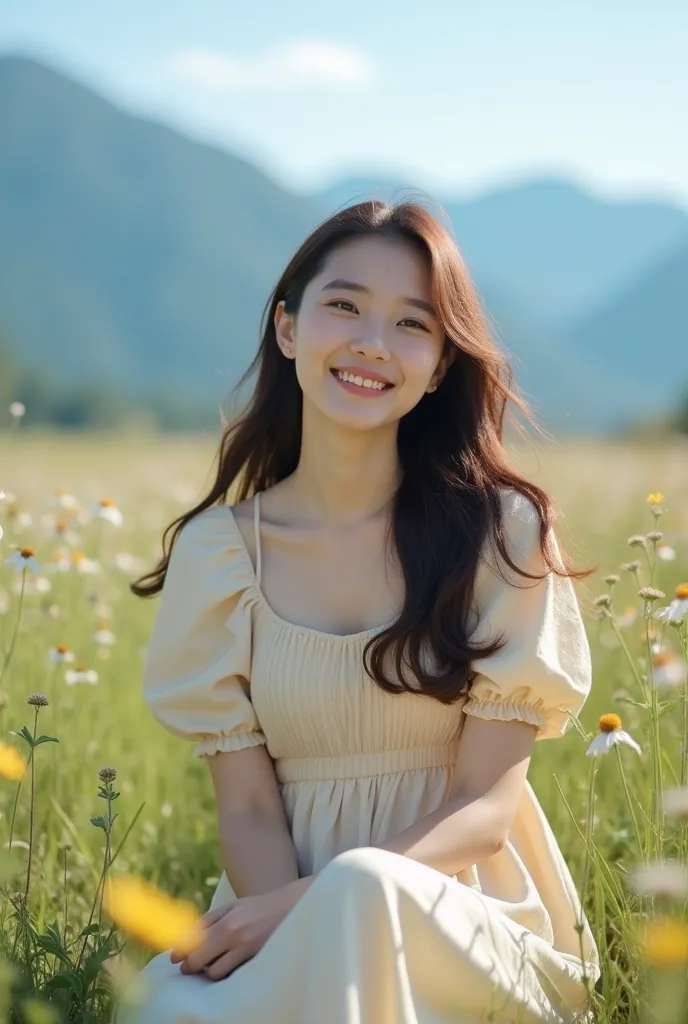 A woman in a light summer dress sits in a meadow surrounded by wildflowers. Her hair flows freely over her shoulders, and she has a soft, thoughtful smile. Background: blurred mountains and a blue sky. Style: natural, soft lighting, pastel tones, highly de...