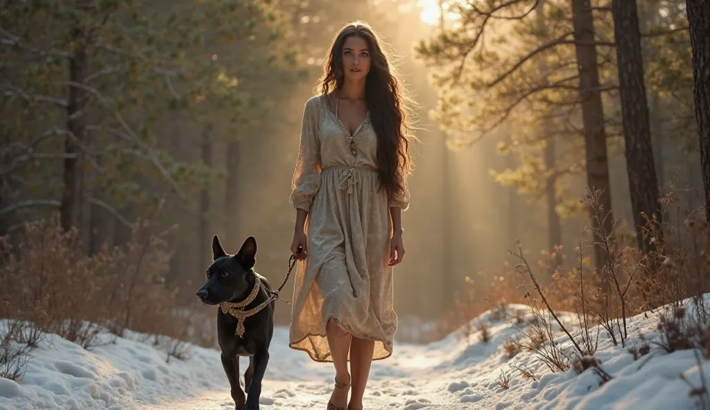 young woman with medium-brown skin and long dark hair is walking through a dense forest. She is dressed in light, nature-inspired clothing suitable for the season. Accompanying her is a black dog with a light-brown beaded collar and a small tassel hanging ...