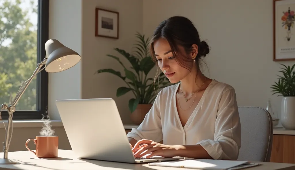 "A freelancer working in a modern home office with a cozy yet professional setup. A sleek laptop, coffee mug, and minimalist workspace create a productive environment."

