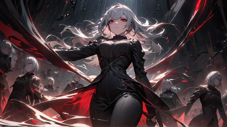 High Resolution、 deep、full body
 .、silver hair... red eyes、low angle、1 girl,  action painting made of black gemstones、is standing、full body、 deep、 are not sensitive、low angle