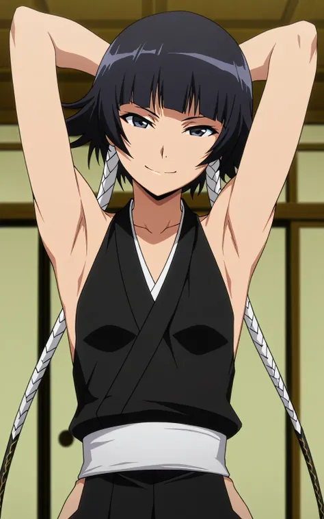 masterpiece, best quality, amazing quality, anime screencap, anime coloring, 1girl, solo, sui-feng, close-up, small breasts, japanese clothes, black kimono, sleeveless, backless, bare shoulders, bare arms, arms behind head, armpits, head towards viewer, lo...