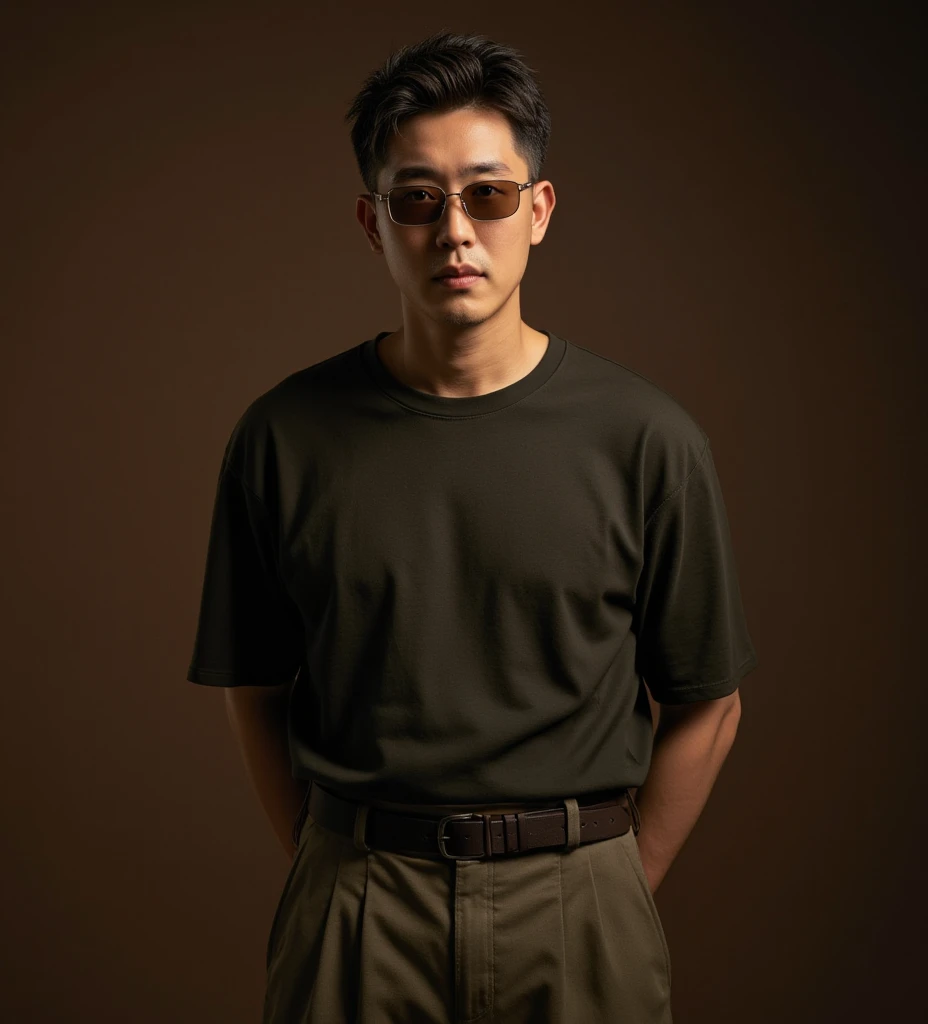 Realistics , Korean man 55 years old, short, undercut hairstyle dark brown hair. wearing sunglasses t-shirt and car trousers with belt, looking at camera eye contact , all body visible, medium range photo, dark brown background, masterpiece 4K resolution