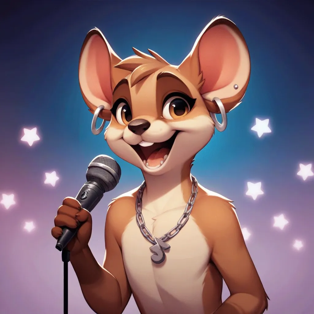 Cartoon of a meerkat with black hair,  Gradient haircut , shiny earrings, smiling with grillz in her teeth, silver necklace chain, singing with microphone Digital Art,  animated, 