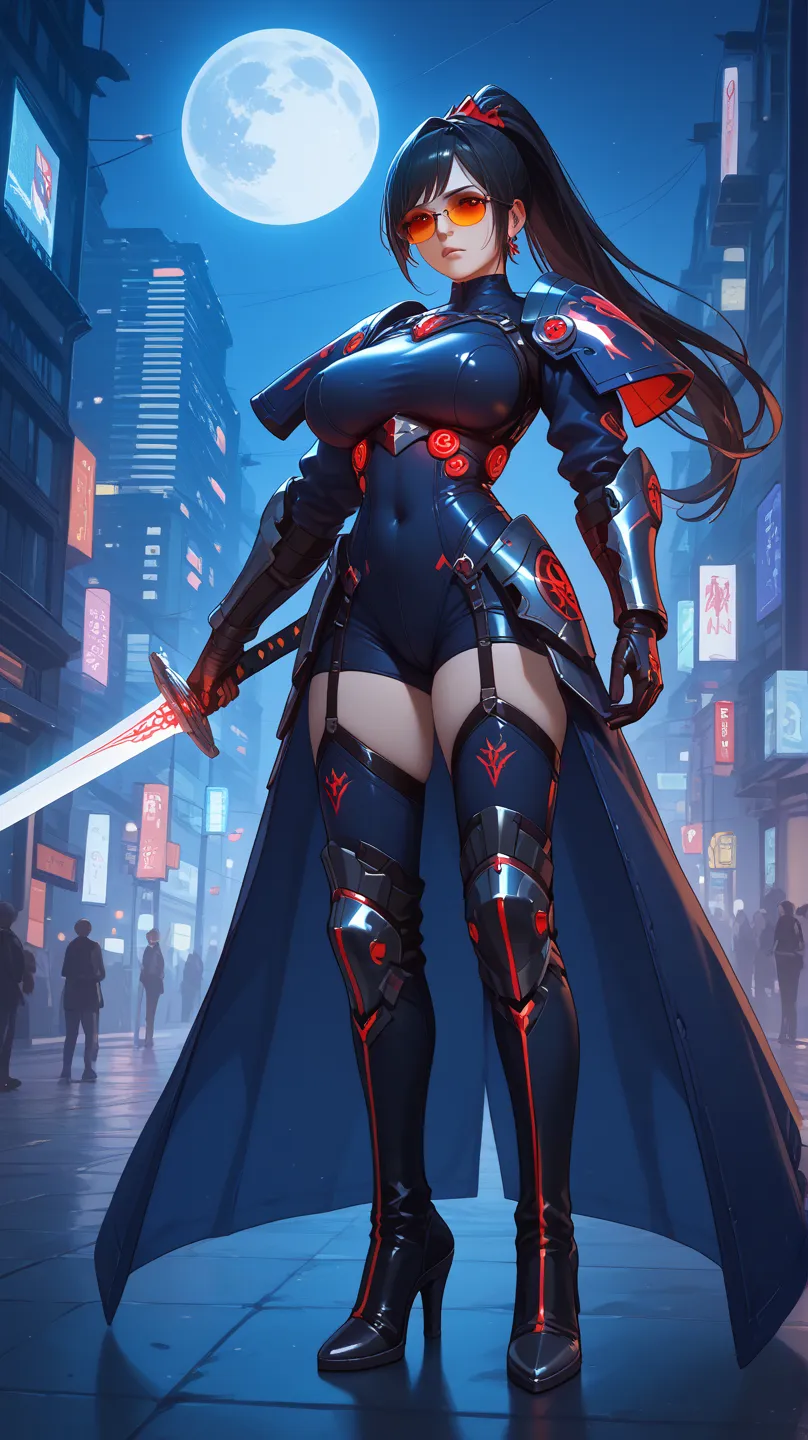 1 woman、masterpiece、highest quality、uncorrected、 city of the near future、moon、night、long black hair、ponytail、Long、Big Breasts、red eyes、Tight Battle Suit, Holographic Light Armor, Phantasmal iridescent effect, transparent neon art、High Reg、long boots、sungla...