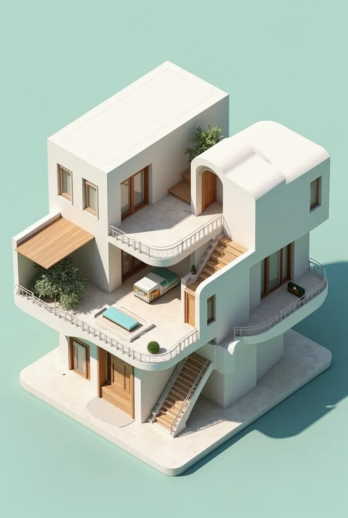 Make me a simple house in which the first floor has the shape of an irregular six-sided polygon and the second floor has the shape of two rectangles attached to a corner of the polygon, also that has a terrace in the middle of the first floor and has exter...