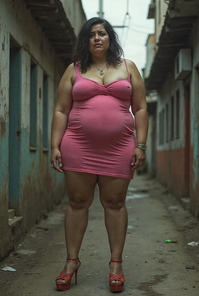 Thick-bodied Colombian prostitute, voluptuous, with very short tight pink dress, with platform heels, sick with AIDS,  HIV , Infected, full body image 