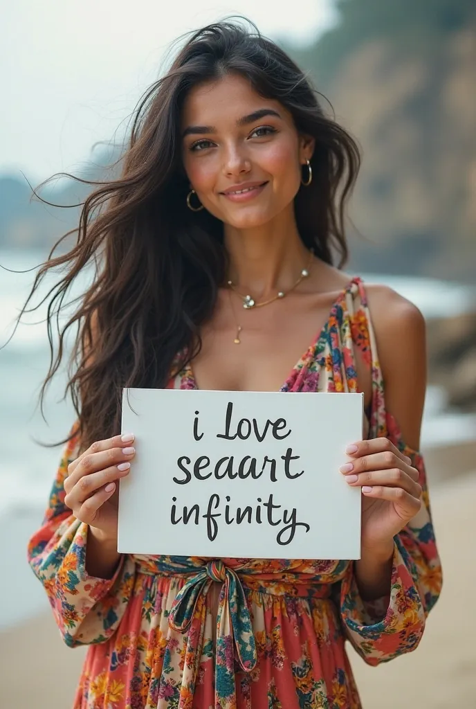  Beautiful girl with wavy long hair in a bohemian dress, Holding a white board marked "I Love Seaart Infinity" and showing it to the viewer