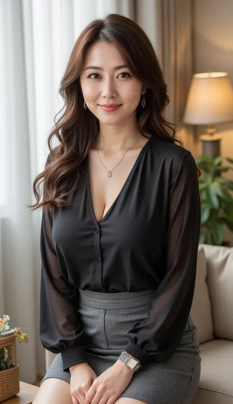  attractive mature woman with only a young face, ( detailed description of the hair), (  face ), ( body that reached its climax ), high image quality ,  masterpiece,  top quality,  (Head to Knee Composition:1.6)、( gentle smile:1.3),high detail, formal: 1.4...