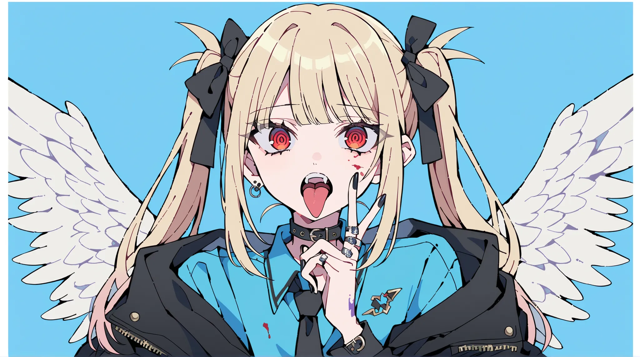 フラット color,フラット color, 1 girl, Alone, tongue, twin tails, ring, Red Eyes, Blood,  black nails,  jewelry, fur trim, tongue out, viewers, jacket, blue background, two side up, long hair, angel, open your mouth,  black tie ,  shirt, ringed eyes, viewers, feat...