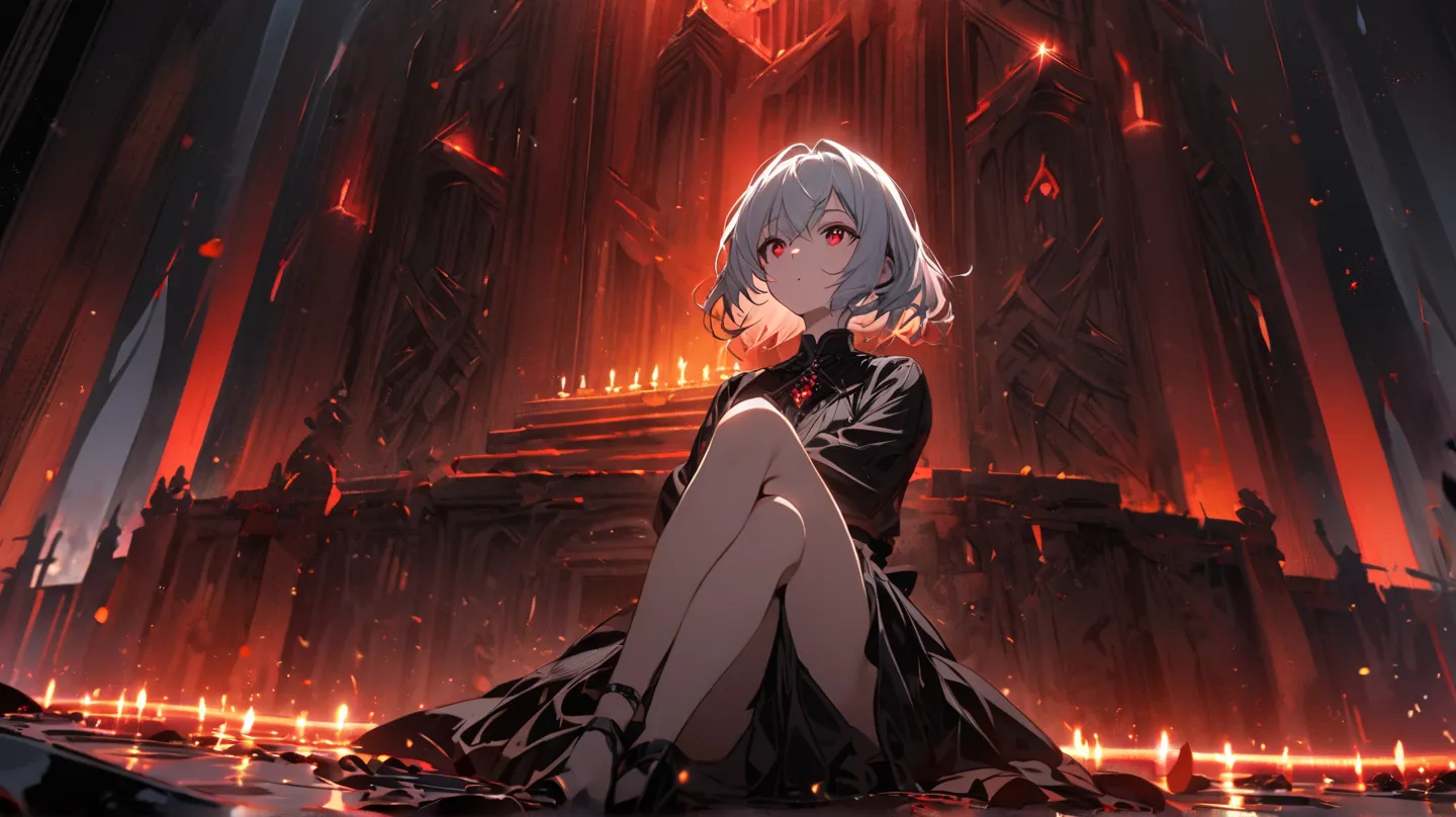 High Resolution、 deep、full body
 .、silver hair... red eyes、low angle、1 girl,  action painting made of black gemstones、sitting、full body、 deep、 are not sensitive、low angle、Candlestick、temple、