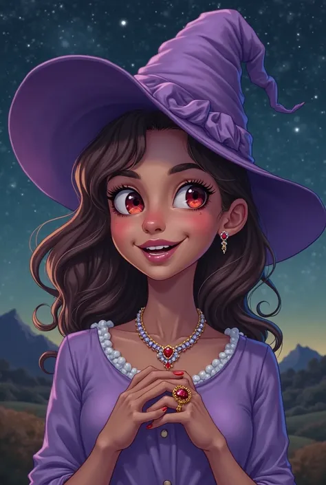 A young lady who has red eyes.  His skin is slightly tanned . Her smile is like that of an innocent girl.
She has a purple witch's hat.
Her clothes are lilac.
She has a ruby necklace.
has diamond earrings.
She has an amber ring on her left hand.
Night land...