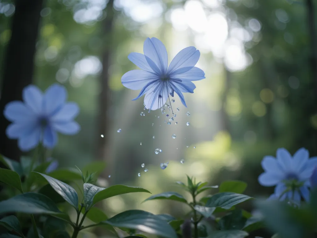 A visual of a blue flower falling in the air, petals falling down, in a forest, realistic, soft, glowy, angelic 