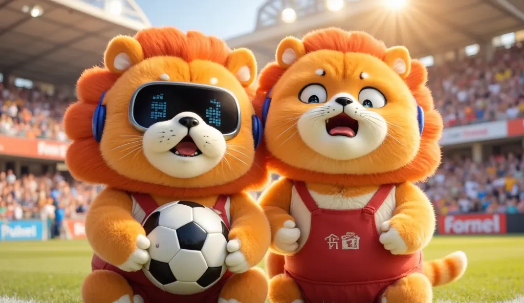  chubby orange cat and Rino with a human-like appearance and expression, with an amused face. They both played soccer together at the stadium., under the soft sunlight. The scene is brightly lit, evoking daytime, Wide angle