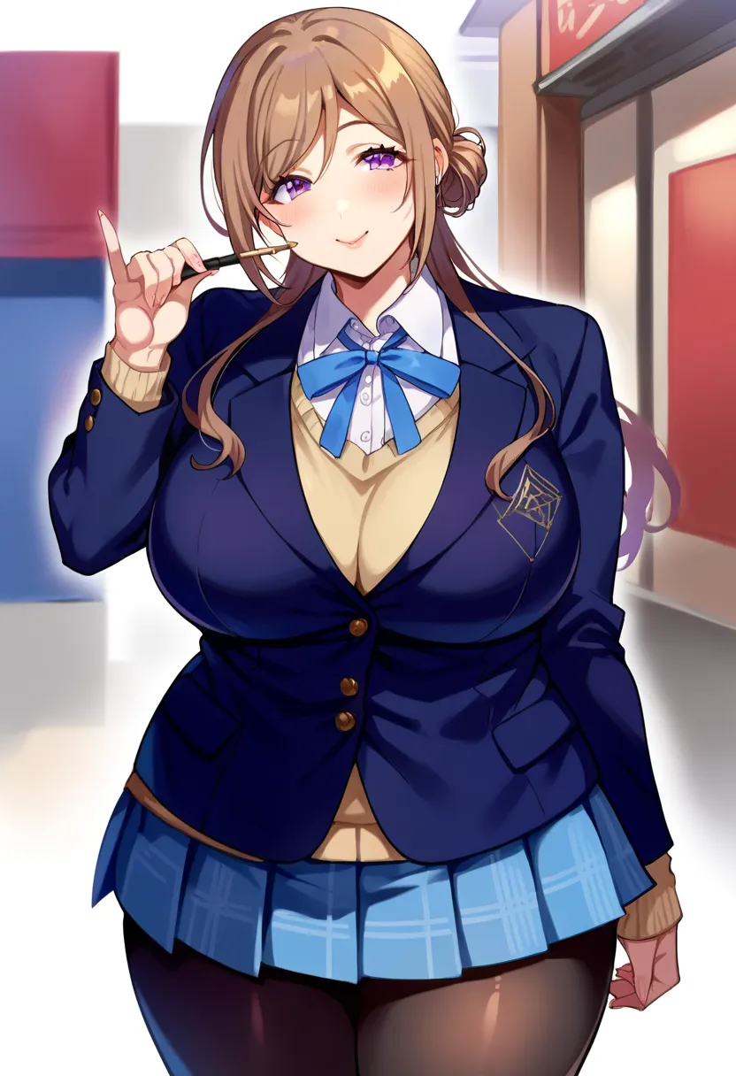 score_9, score_8_up, score_7_up, source_anime, rating_safe,himesaki rinami,purple eyes,brown hair,hair bun,long hair,large breasts,huge breasts,wide hip,太い太もも,stocky,chubby,, 
blazer, blue neck ribbon, pleated skirt, black pantyhose,,