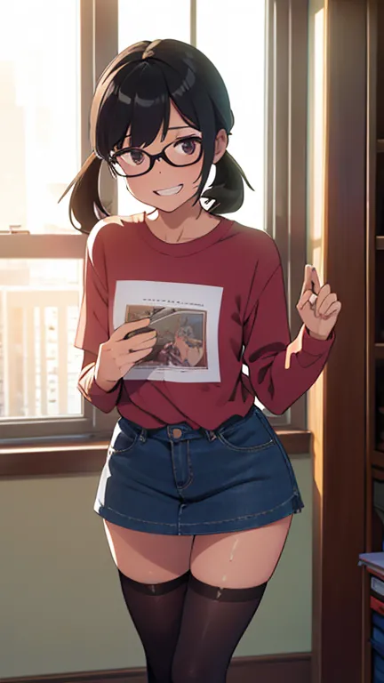 ( Super Flats , flat shading )，fisheye lens，Librarian，Naked，Really blushing，sweat，surely:私teeth激しく来た  :1.2，， standing on the ground、teeth、low denim miniskirt in front of me、accurate and detailed female fingers printed in sexy poses，colorful stockings，Long ...