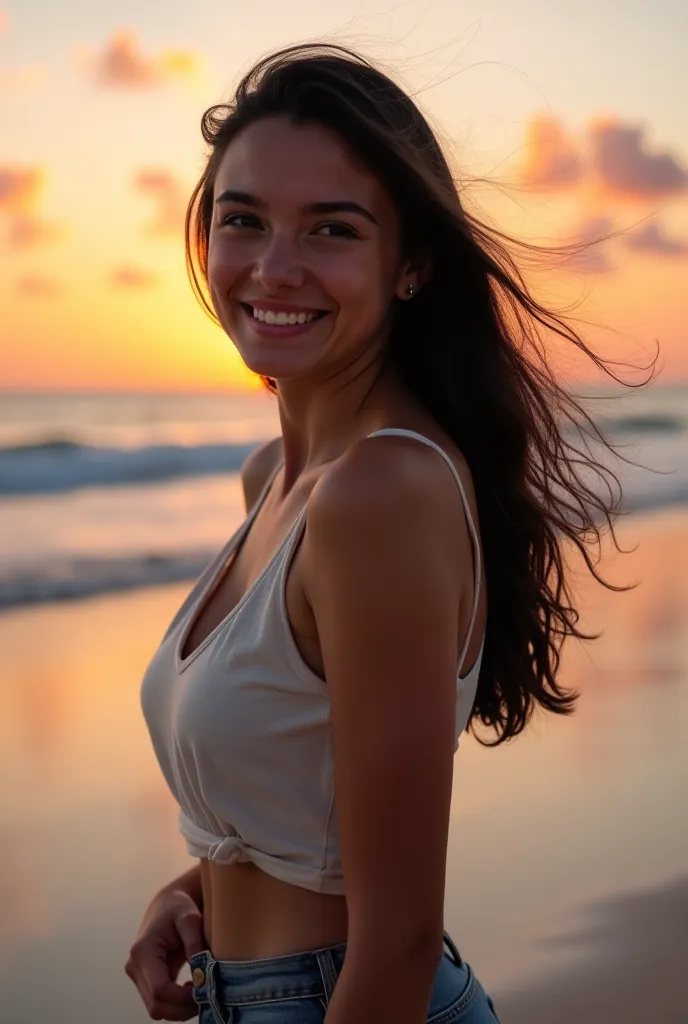 Artistic portrait of a Brazilian girl of approximately 22 years old, fair skin, dark brown eyes and long black hair, usando shorts jeans. She is on a tropical beach at dusk,  with a light and relaxed expression , Hair in the wind and a spontaneous smile. T...