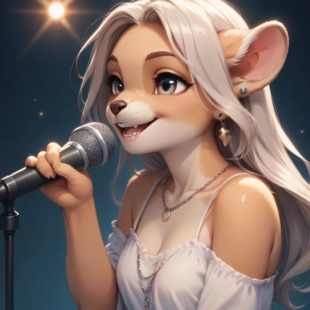 Cartoon of a meerkat with black hair,  Gradient haircut , shiny earrings, smiling with grillz in her teeth, silver necklace chain, singing with microphone Digital Art,  animated, 