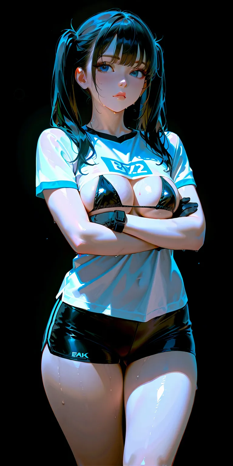  female 1 person,high image quality,High Resolution,super realistic,8k,Saw 2, Alone, blue eyes,   black hair,twin tails, black gloves,  Bike_SHORTS,bangs, white shirt,  badge , standing, Alone, big_chest, standing, black bikini,micro bikini,masterpiece, be...