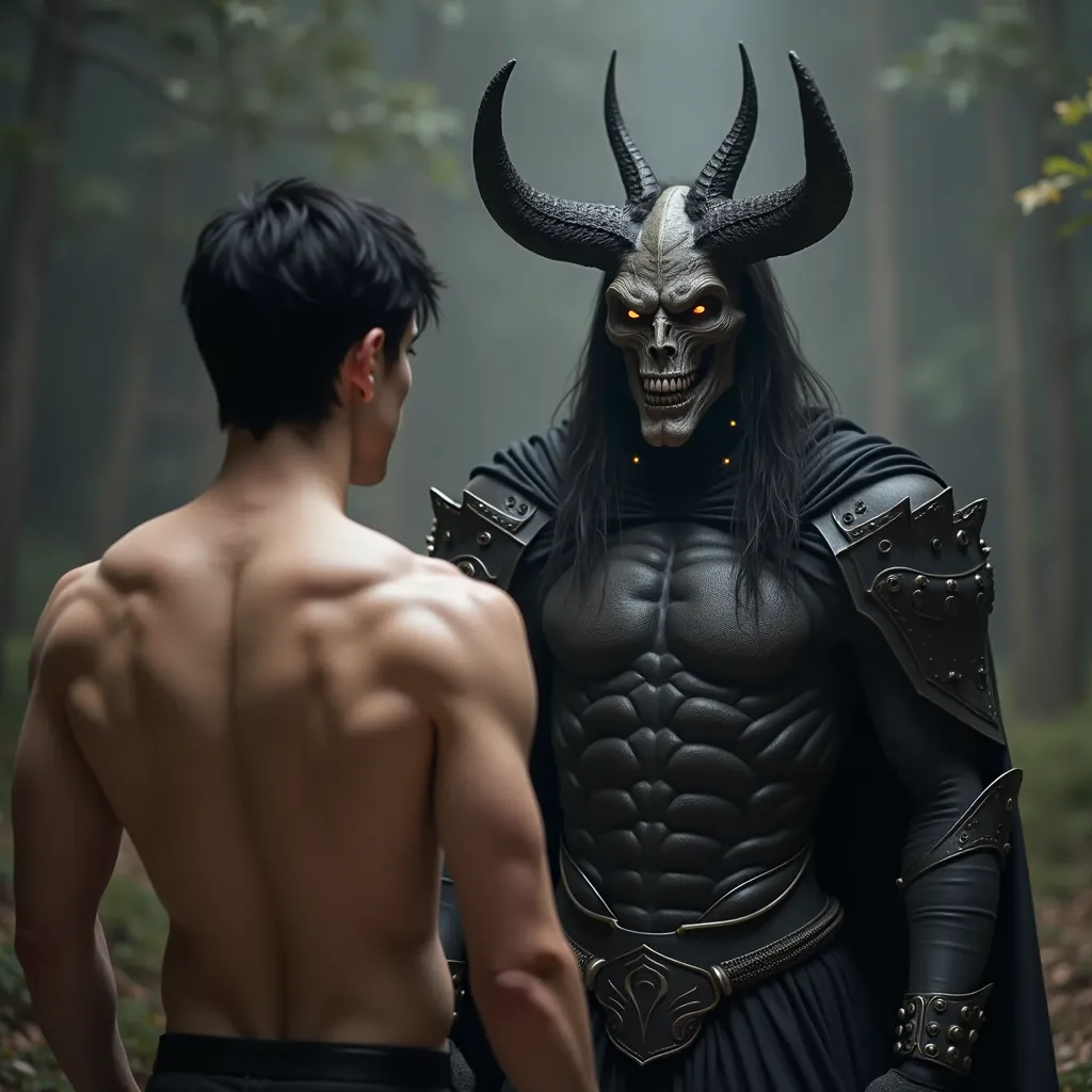 Create an adult humem with your back to the camera, Young and shirtless and muscular and short black hair, In front of him is a demon in the shape of a human wearing body armor with horns, Your armor is black, And your face is skeletal with glowing eyes. D...