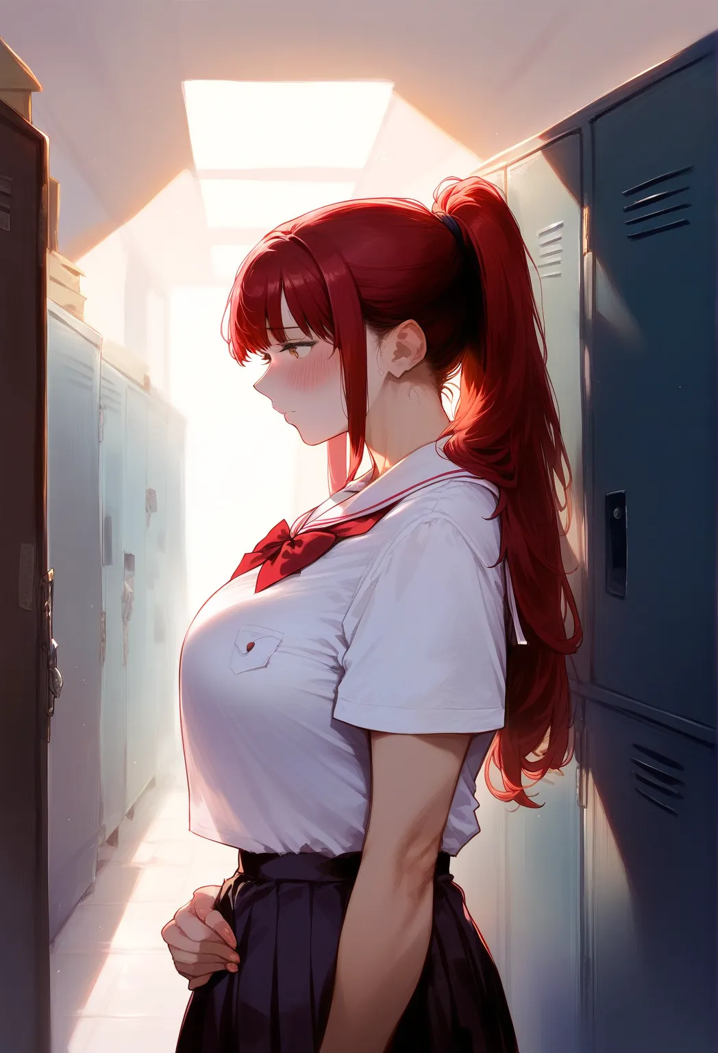 score_9,score_8_ up,score_7_ up, student girl, wear uniform, standing at lockers, long red hair, ponnytail, , look in a name on locker, face blush, shy, hands hold love letter