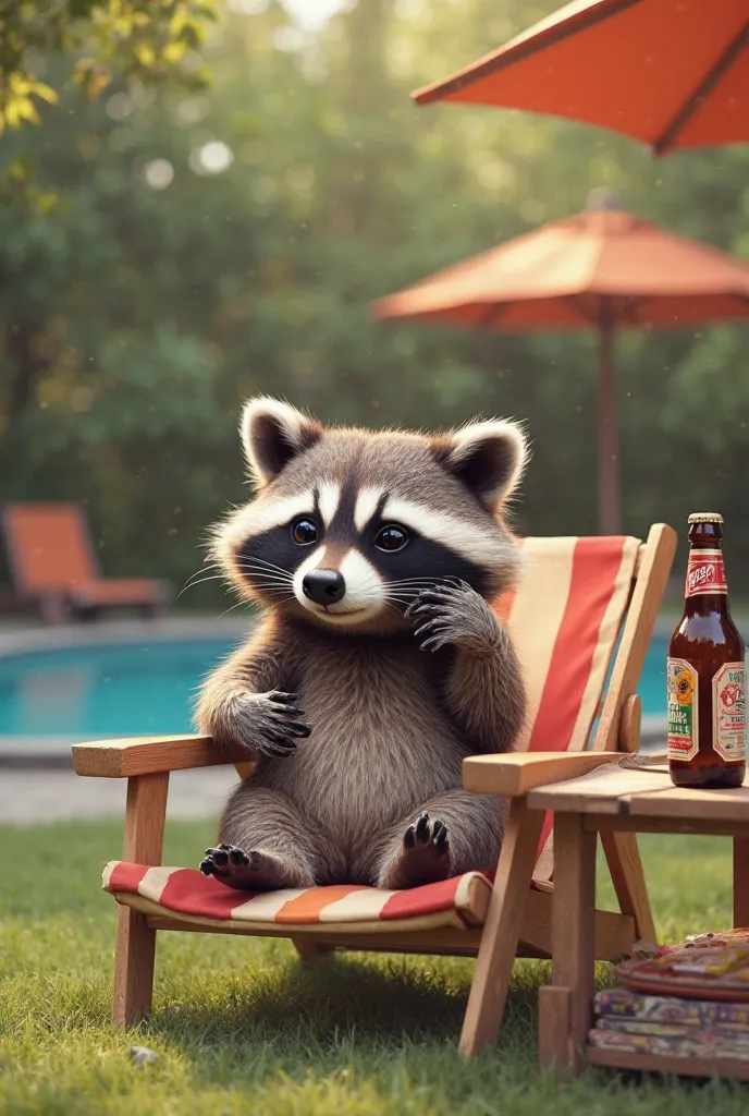 Help me with an image of an adorable raccoon who is sitting in a beach chair in the garden of his house on the stage there is a pool an umbrella a table the raccoon is sitting in the beach chair quietly and is making a call and the adorable raccoon is maki...