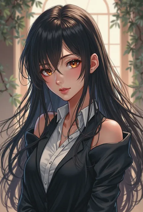 anime character, long hair, beautiful, Facing the observer but not so head-on, formal clothing, Determined posture as if you were studying and not by appearance 