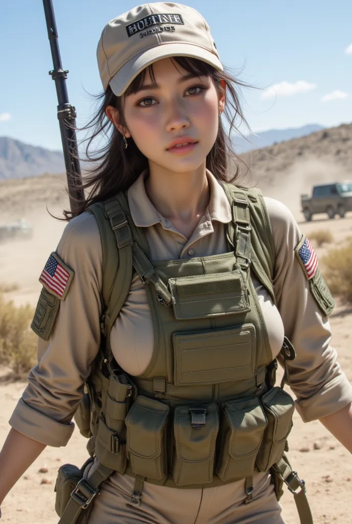 ８K,realistic photo、realistic skin texture、A beautiful Japanese woman belonging to the American military is in the wasteland.、bulletproof vest、Backpack、wearing a baseball cap、A large transport helicopter is waiting with its rear loading hatch open.、moving a...