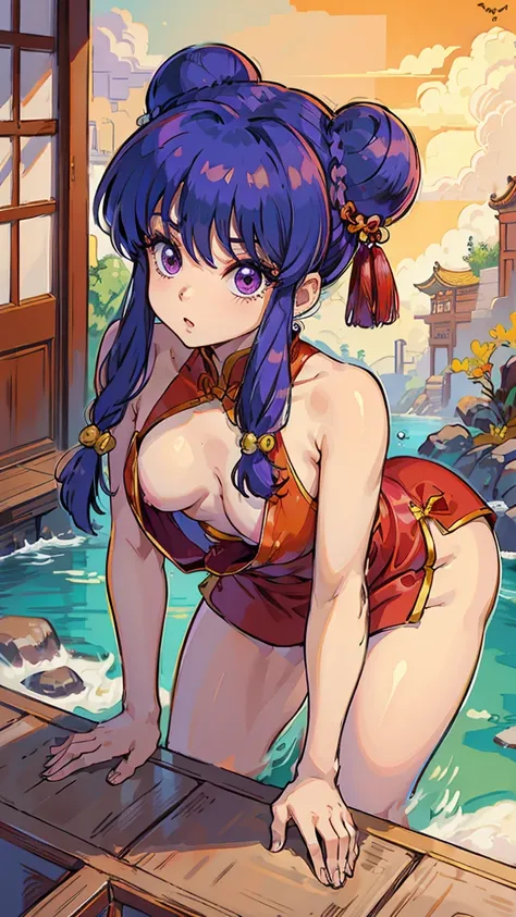 Shampoo Ranma 1/2,  sexy, , thin waist,small breasts, purple hair, red traditional Chinese clothes, , Thick Calves ,  down blouse that shifts the chest、bend over