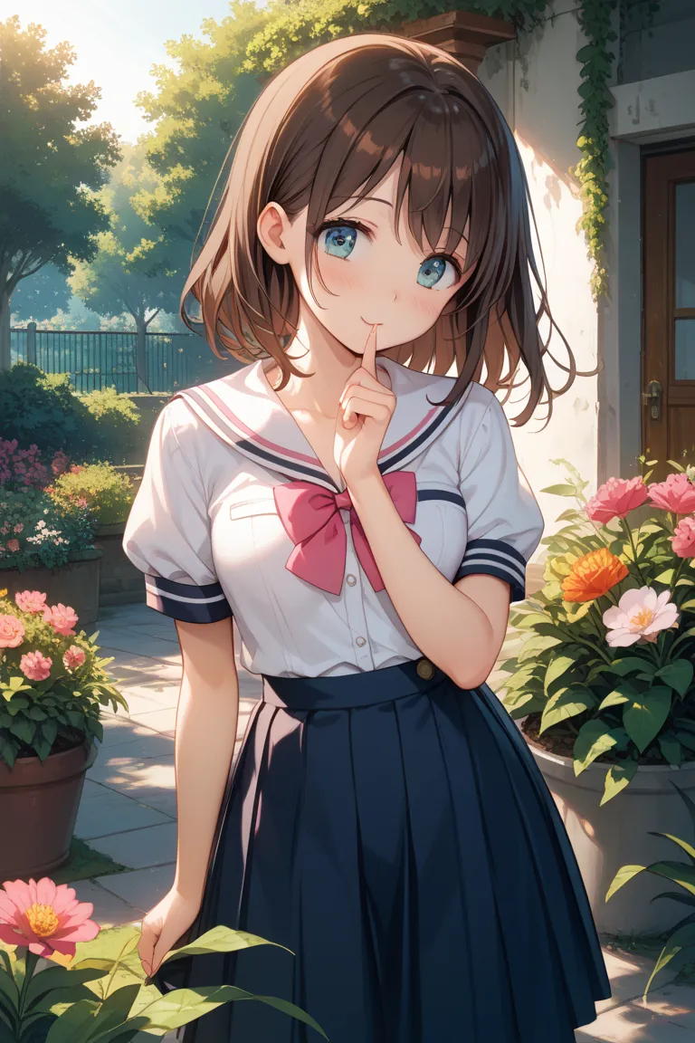 Kizuna Ai、dark brown hair color、uniform、blouse、My chest feels sluggish、chest visible、 Exposure、 sexy、miniskirt、Teehee、blush、garden