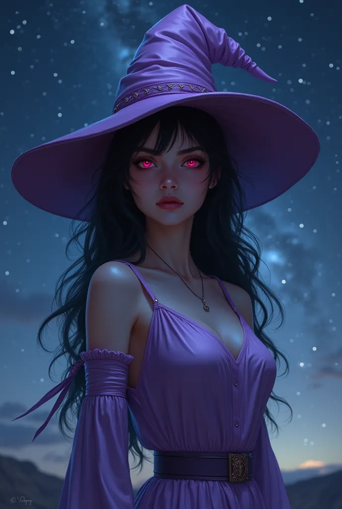 A young lady who has red eyes.  His skin is slightly tanned . His face is serious and expressionless.
She has a purple witch's hat.
Her clothes are lilac.
Night landscape with starry sky.
