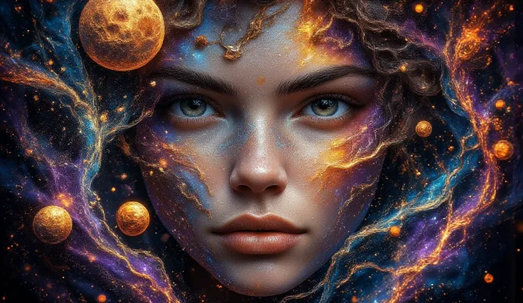 Create an ethereal cosmic artwork featuring a close-up of a contemplative human face with vibrant, expressive features. The backdrop is filled with a rich tapestry of deep space, showcasing celestial bodies like planets, moons, and stars, intertwined with ...