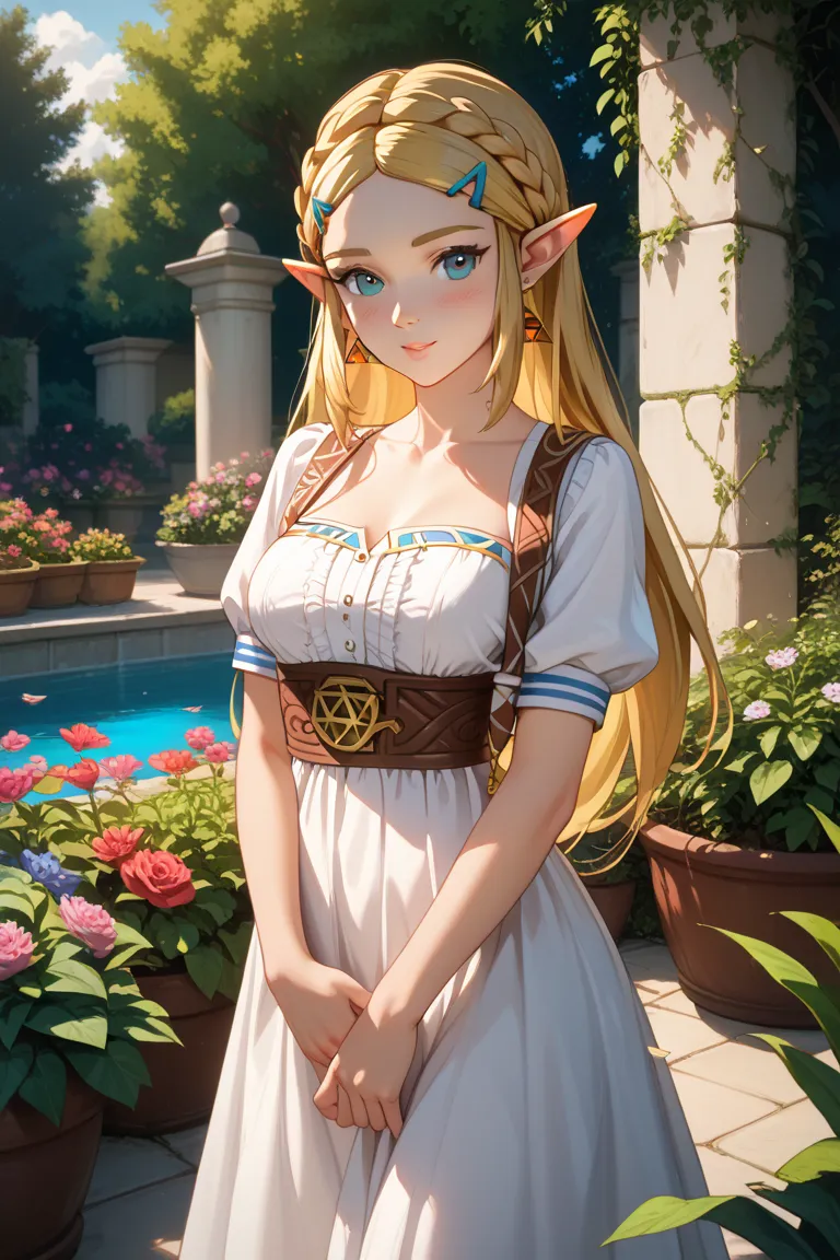 Princess Zelda、No head ornaments、uniform、blouse、My chest feels sluggish、chest visible、 Exposure、 sexy、miniskirt、Teehee、blush、garden