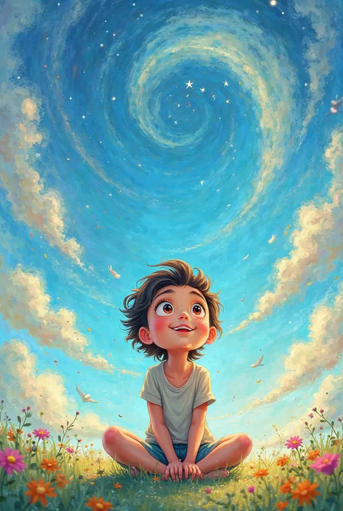 a cartoon image that represents a person contemplating the sky as if it were painted on a brush 